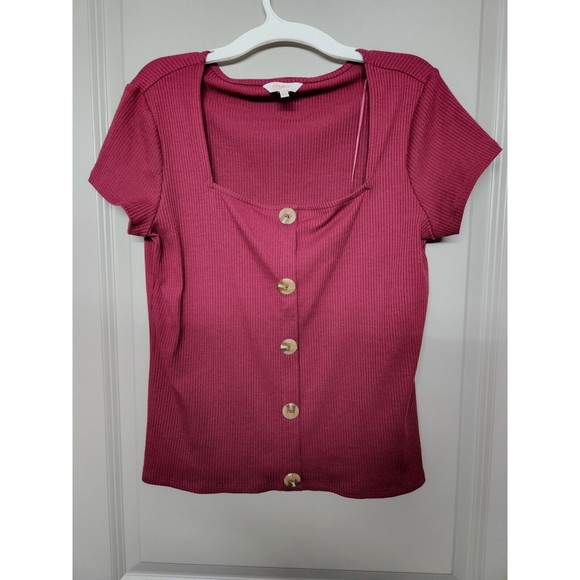 Candies Size Large Shirt Blouse Rose Red Pink Short Sleeve Buttoned Front Top - Picture 1 of 4